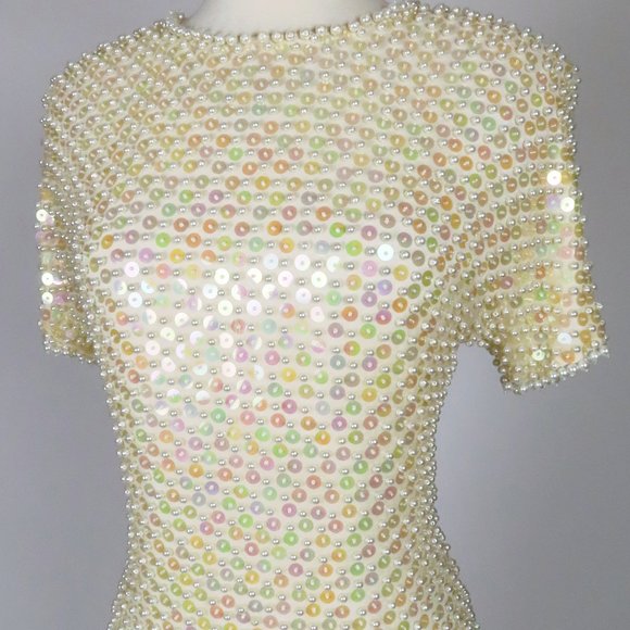 Vintage 80s Pearl Heavily Beaded Cocktail Party Prom Trophy Sheath Dress  S M - Picture 7 of 16